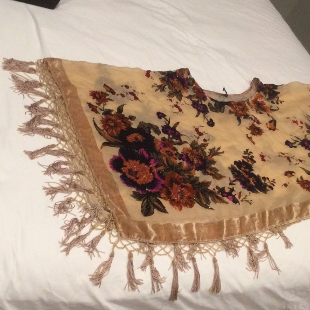Silk poncho with beaded trim